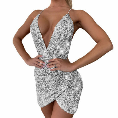 Sequin Deep V Neck Mini Dress