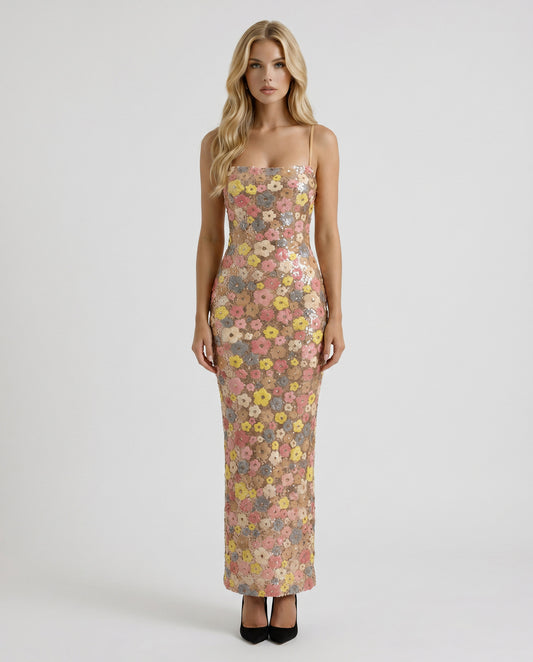 Sequin Floral Column Maxi Dress