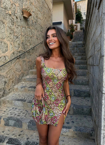 Sequin Geometric Square Neck Mini Dress