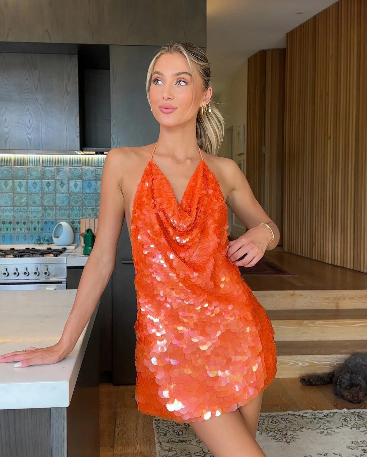 Sequin Halter Cowl Mini Dress