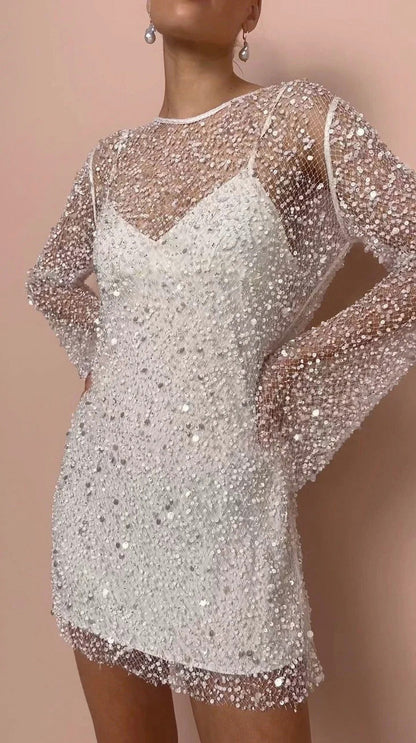 Sequin Mesh Long Sleeve Mini Dress