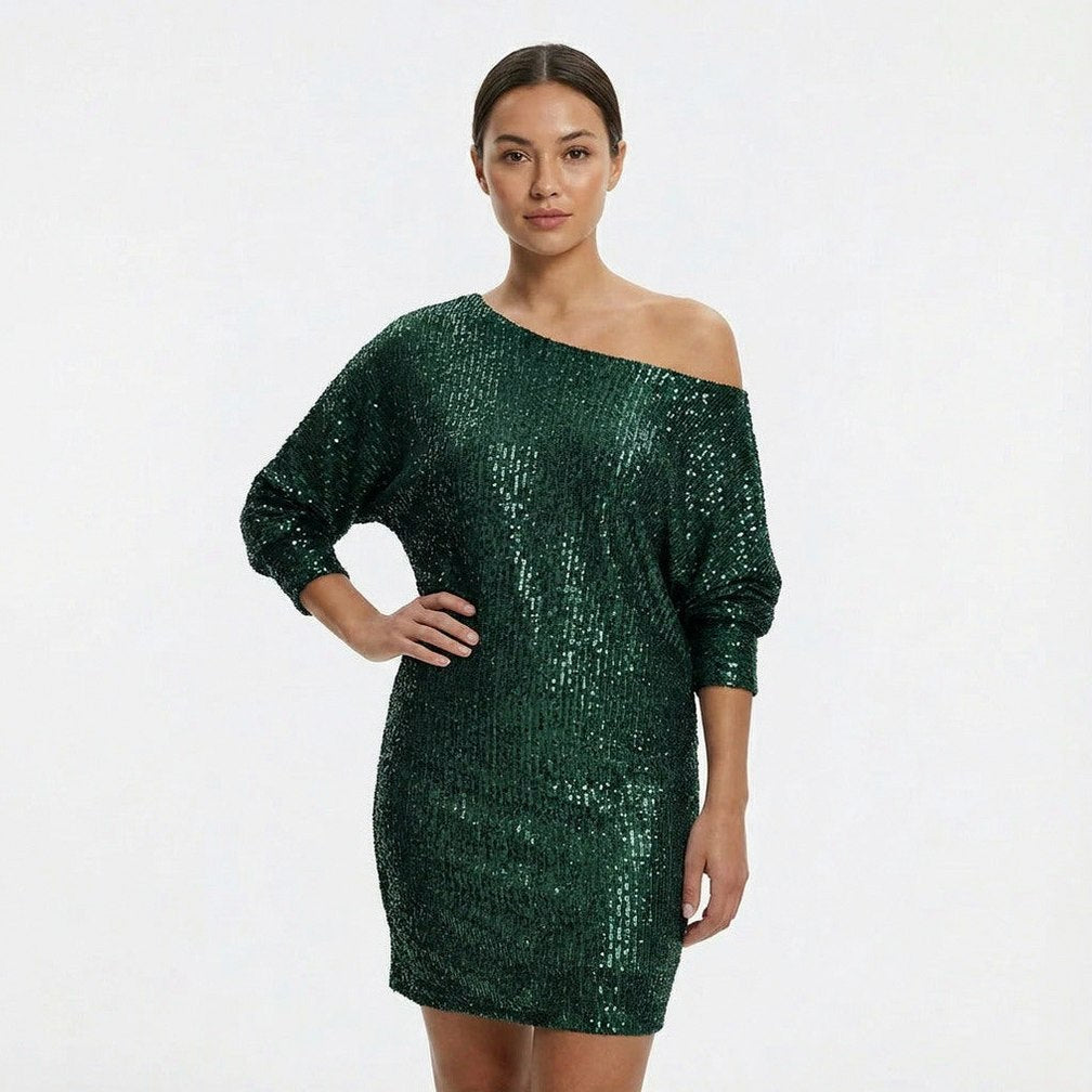 Sequin 3/4 Sleeve Off Shoulder Mini Dress