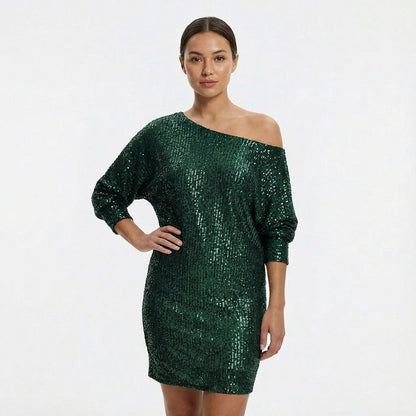 Sequin 3/4 Sleeve Off Shoulder Mini Dress