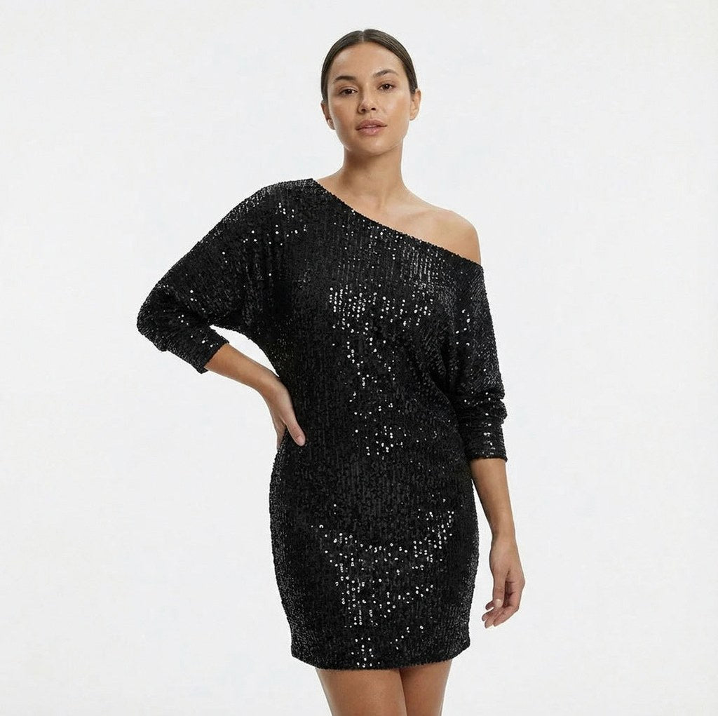 Sequin 3/4 Sleeve Off Shoulder Mini Dress