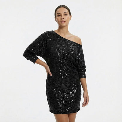 Sequin 3/4 Sleeve Off Shoulder Mini Dress