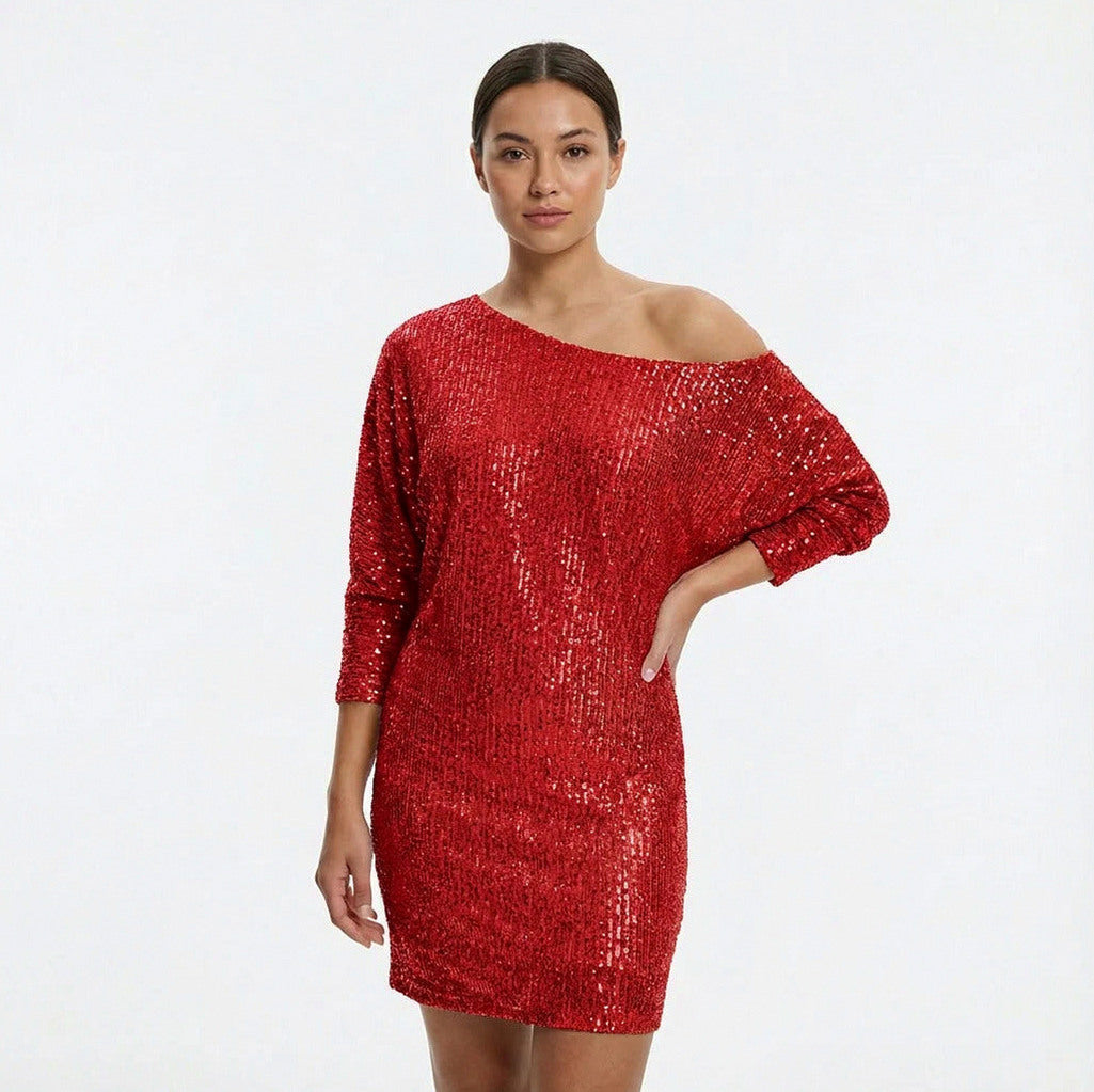 Sequin 3/4 Sleeve Off Shoulder Mini Dress