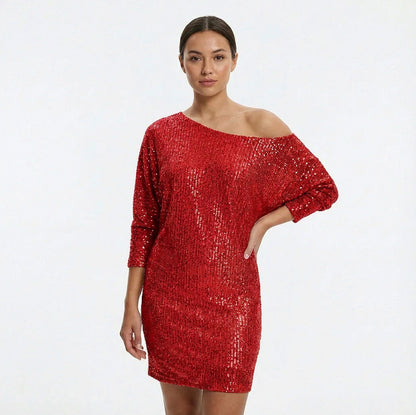 Sequin 3/4 Sleeve Off Shoulder Mini Dress