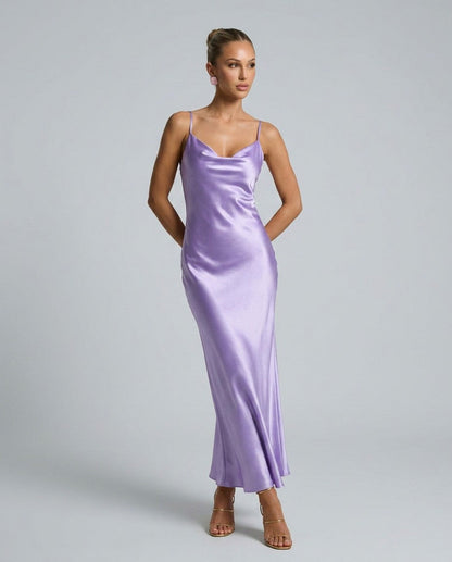 Satin Cowl Neck Formal Maxi Dress