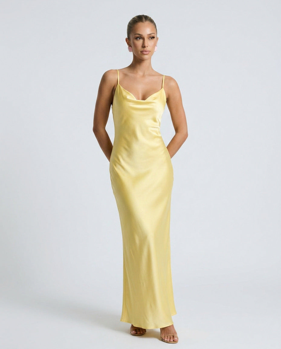 Satin Cowl Neck Formal Maxi Dress