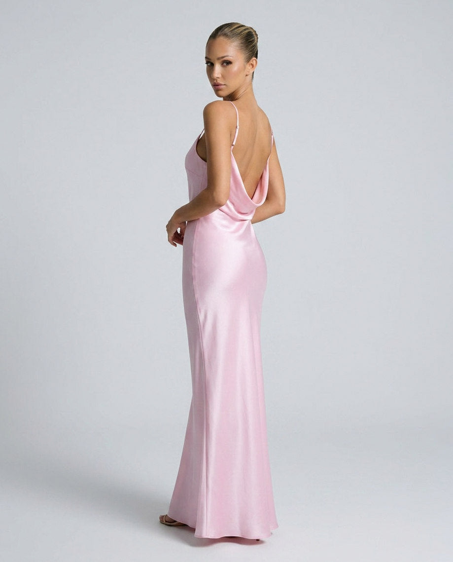 Satin Cowl Neck Formal Maxi Dress