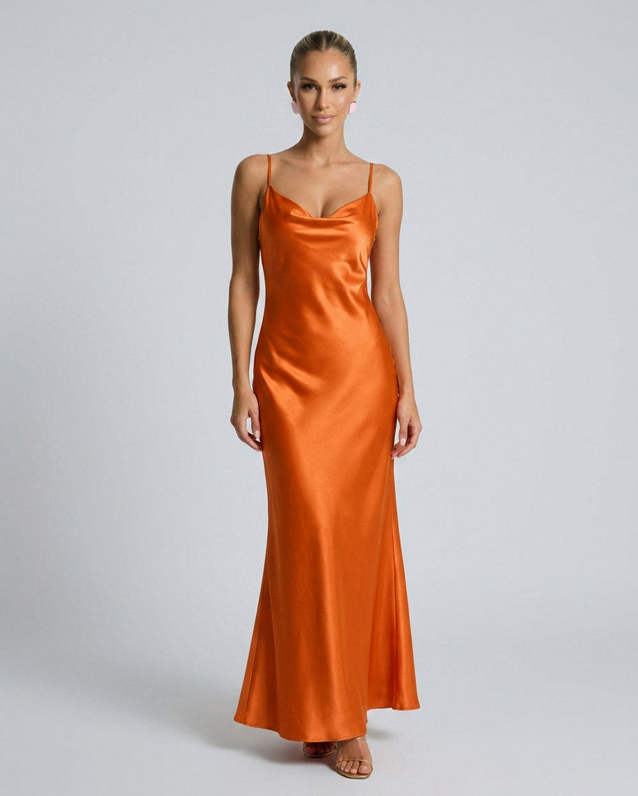 Satin Cowl Neck Formal Maxi Dress