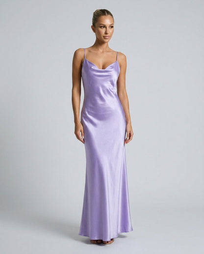 Satin Cowl Neck Formal Maxi Dress