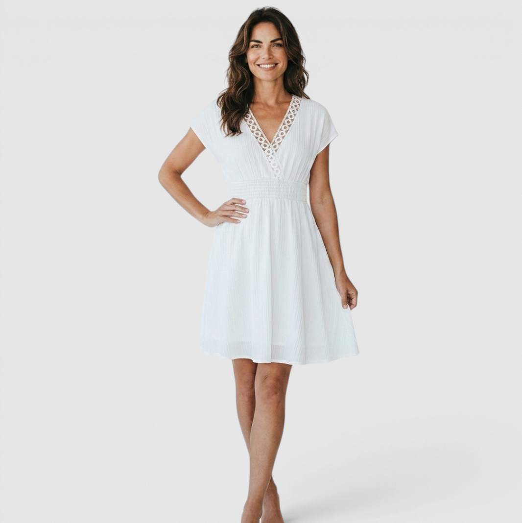 Smocked Crochet Trim Mini Dress