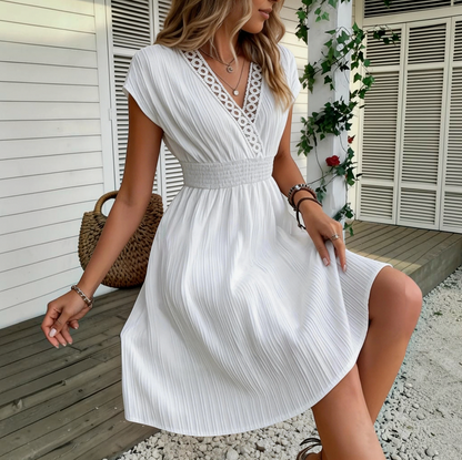 Smocked Crochet Trim Mini Dress