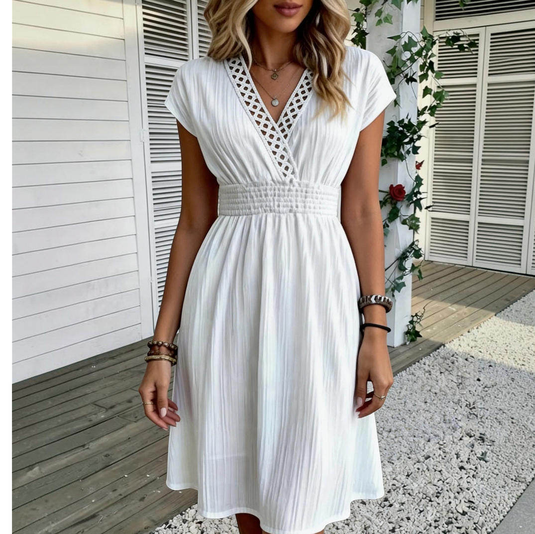 Smocked Crochet Trim Mini Dress