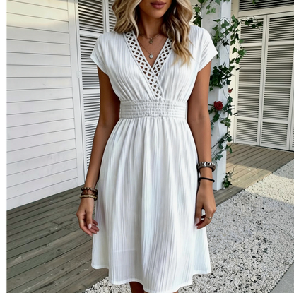 Smocked Crochet Trim Mini Dress