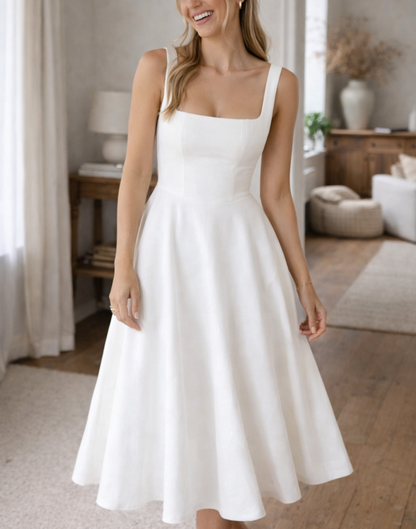 White - A woman wearing a structured white textured crepe midi dress with a square neckline, wide straps, a fitted bodice, and a voluminous A-line skirt with side pockets.