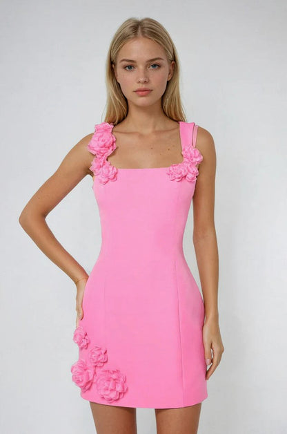 Square Neck Floral Applique Formal Mini Dress