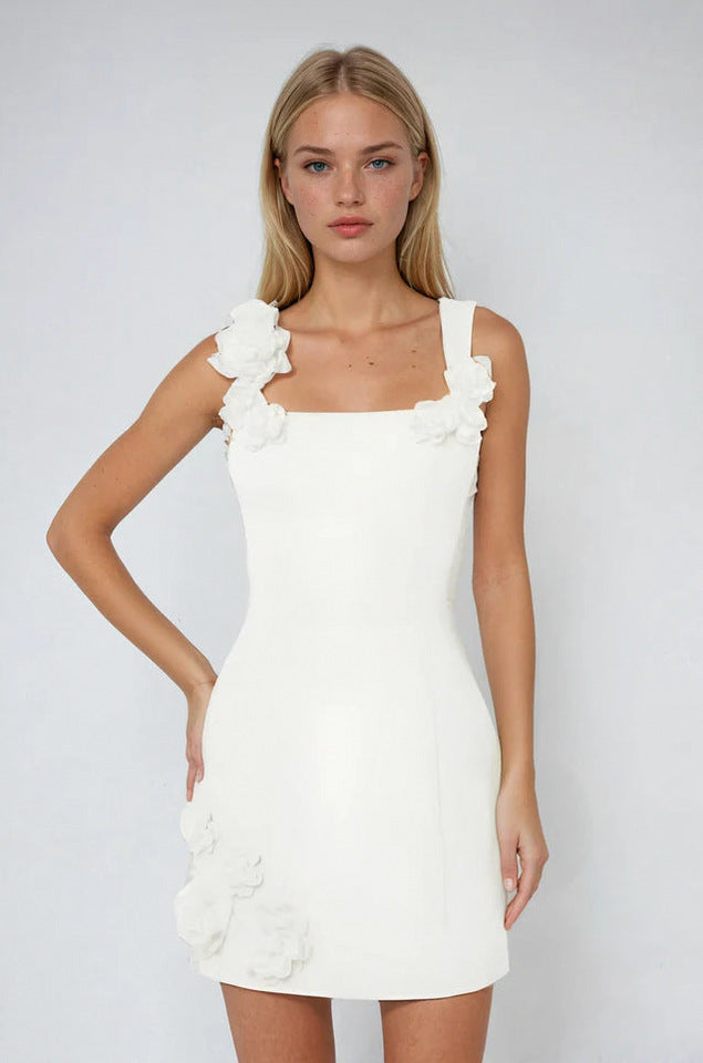 Square Neck Floral Applique Formal Mini Dress