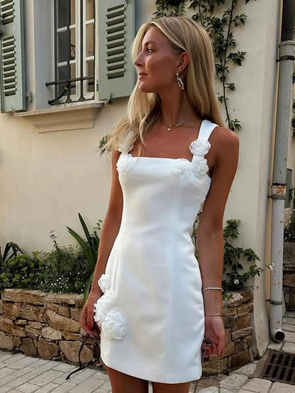 Square Neck Floral Applique Formal Mini Dress