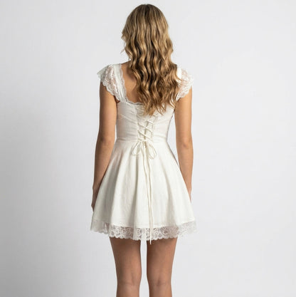 Cap Sleeve Square Neck Lace Trim Mini Dress