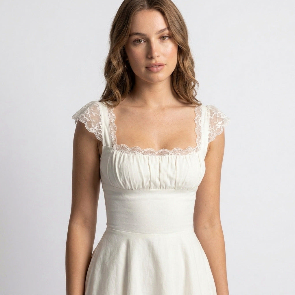 Cap Sleeve Square Neck Lace Trim Mini Dress