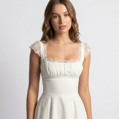 Cap Sleeve Square Neck Lace Trim Mini Dress