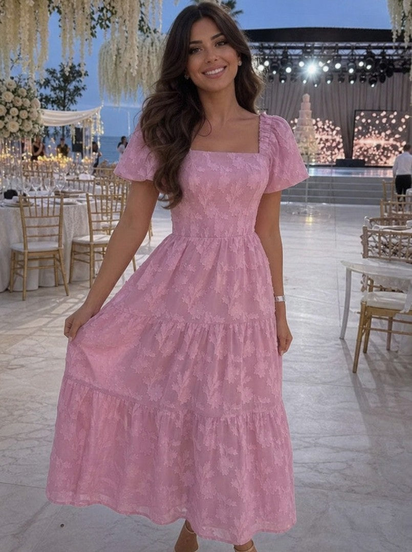 Square Neck Tiered Midi Dress