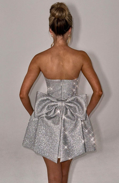 Strapless Bow Pleated Formal Mini Dress