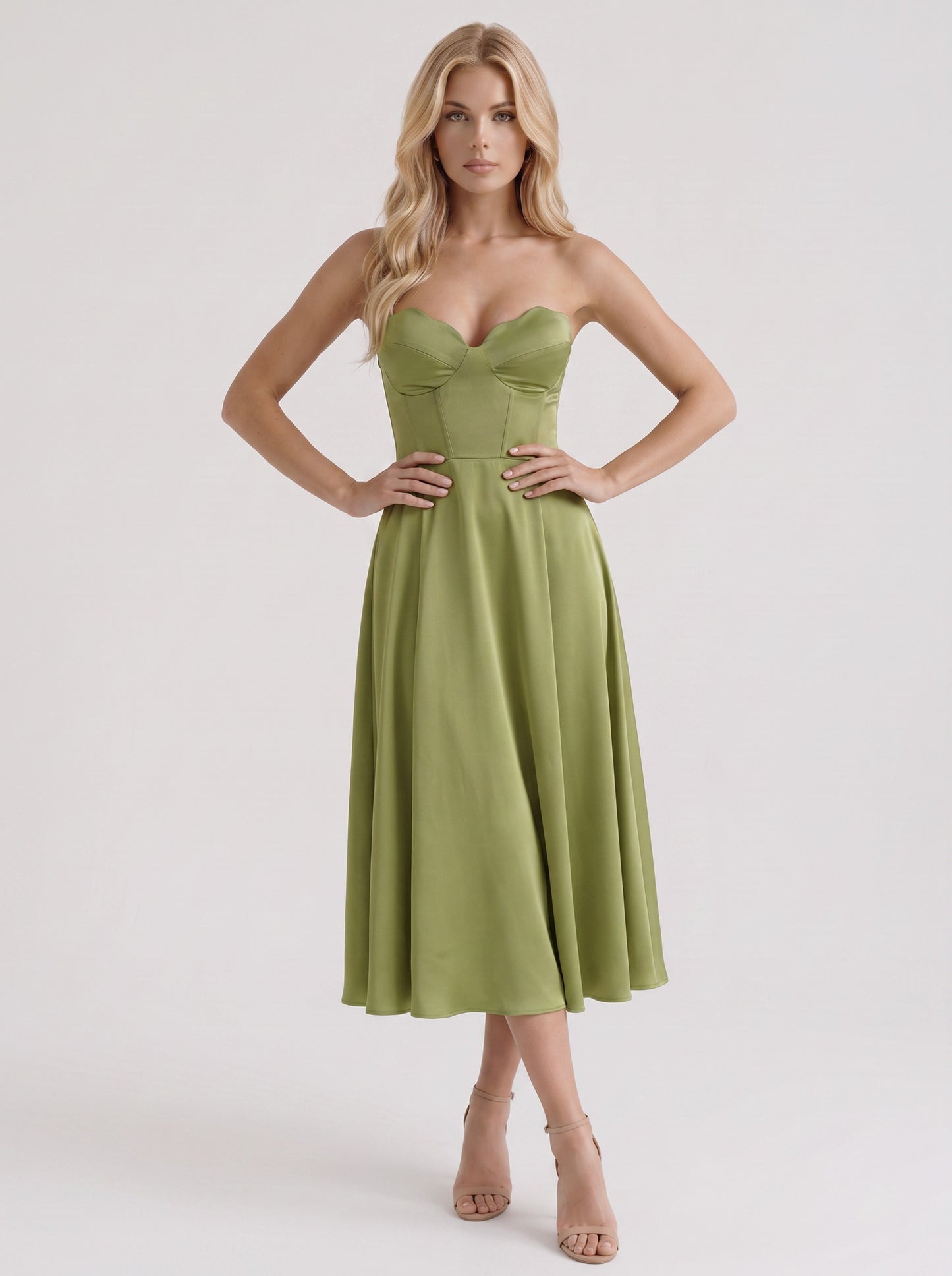 Strapless Corset Satin Midi Dress