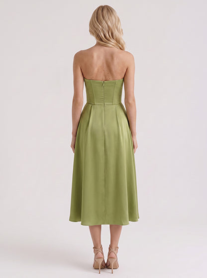 Strapless Corset Satin Midi Dress