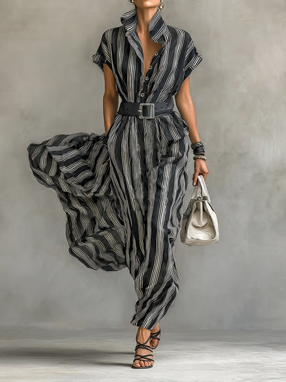 Striped Belted Maxi Shirt Dress