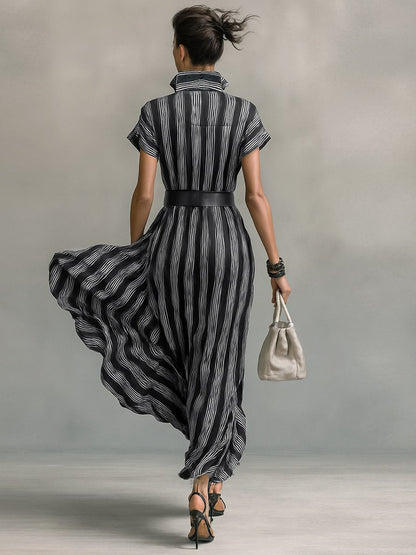 Striped Belted Maxi Shirt Dress