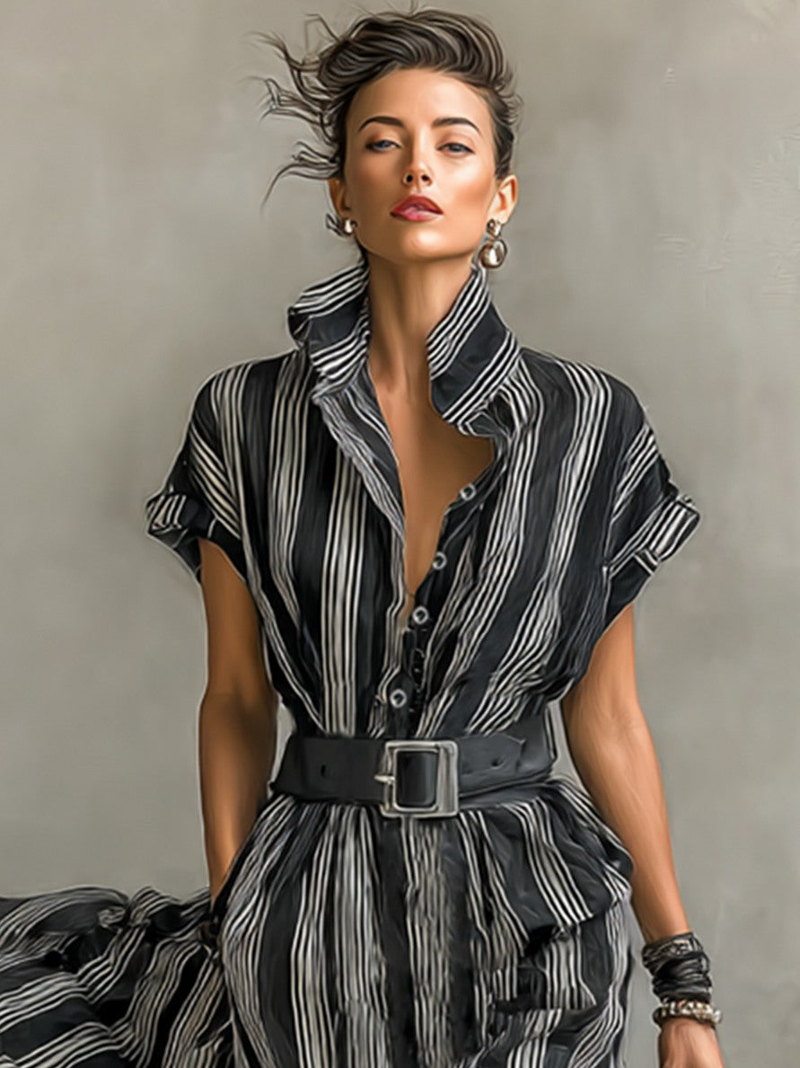Striped Belted Maxi Shirt Dress