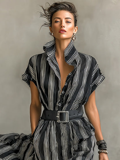 Striped Belted Maxi Shirt Dress