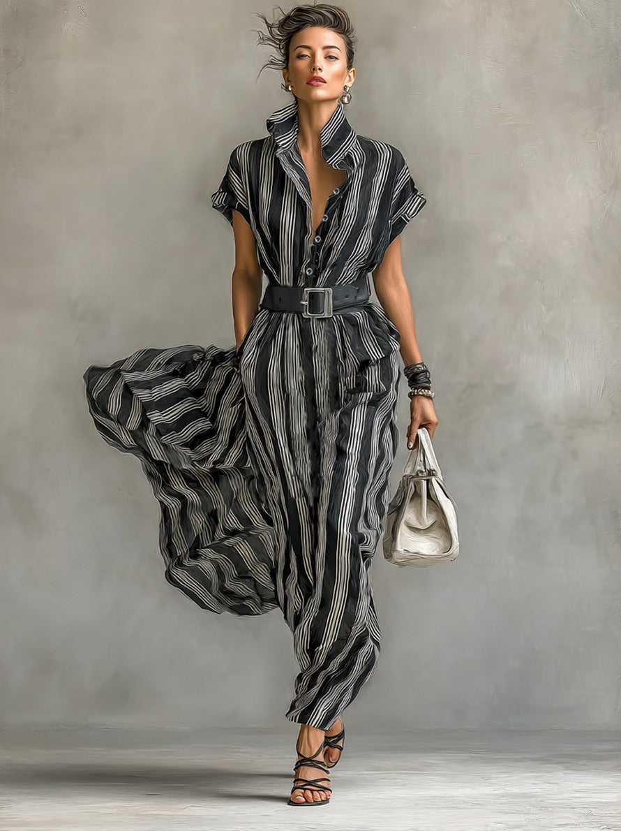 Striped Belted Maxi Shirt Dress