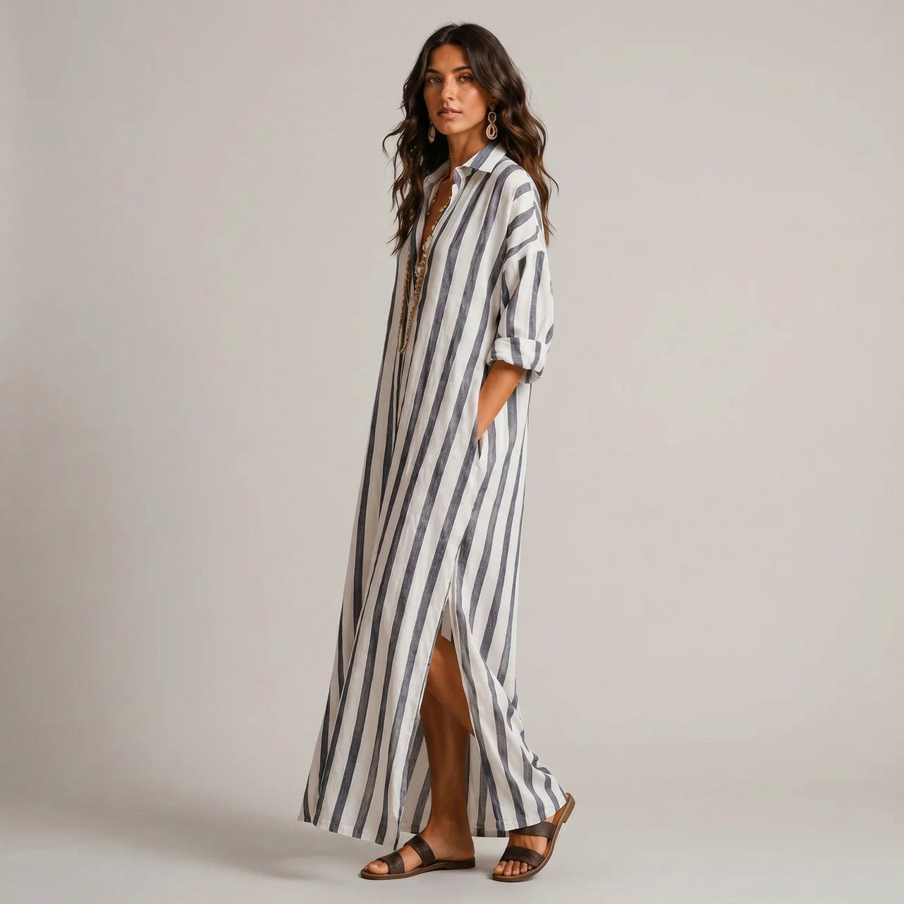 Striped Collared Shirt Maxi Dress