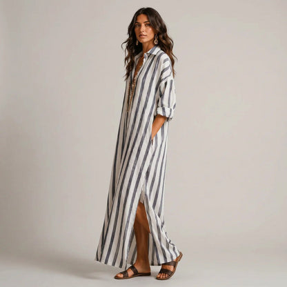 Striped Collared Shirt Maxi Dress