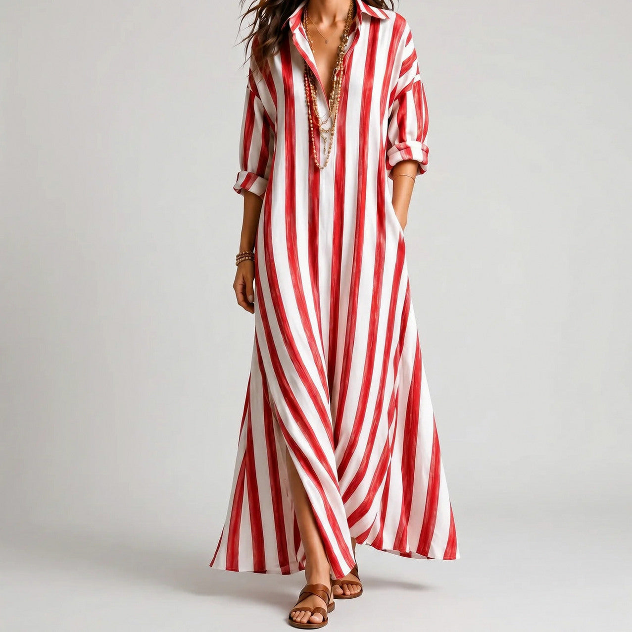 Striped Collared Shirt Maxi Dress