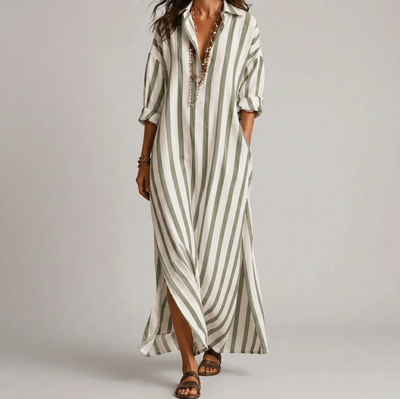 Striped Collared Shirt Maxi Dress