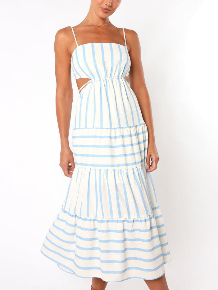 Blue Stripe - A woman wearing a light blue and white striped midi dress featuring a square neckline, thin spaghetti straps, side waist cutouts, and a tiered skirt with alternating stripe directions.