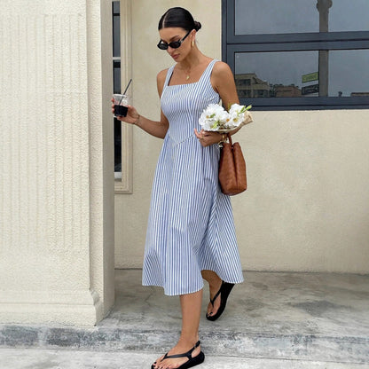 Striped Square Neck Midi Dress