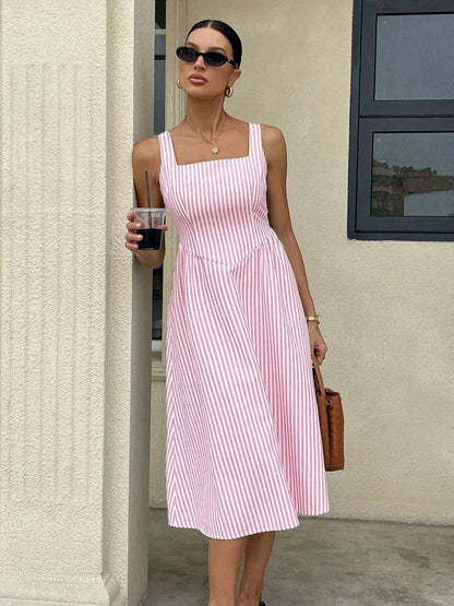 Striped Square Neck Midi Dress