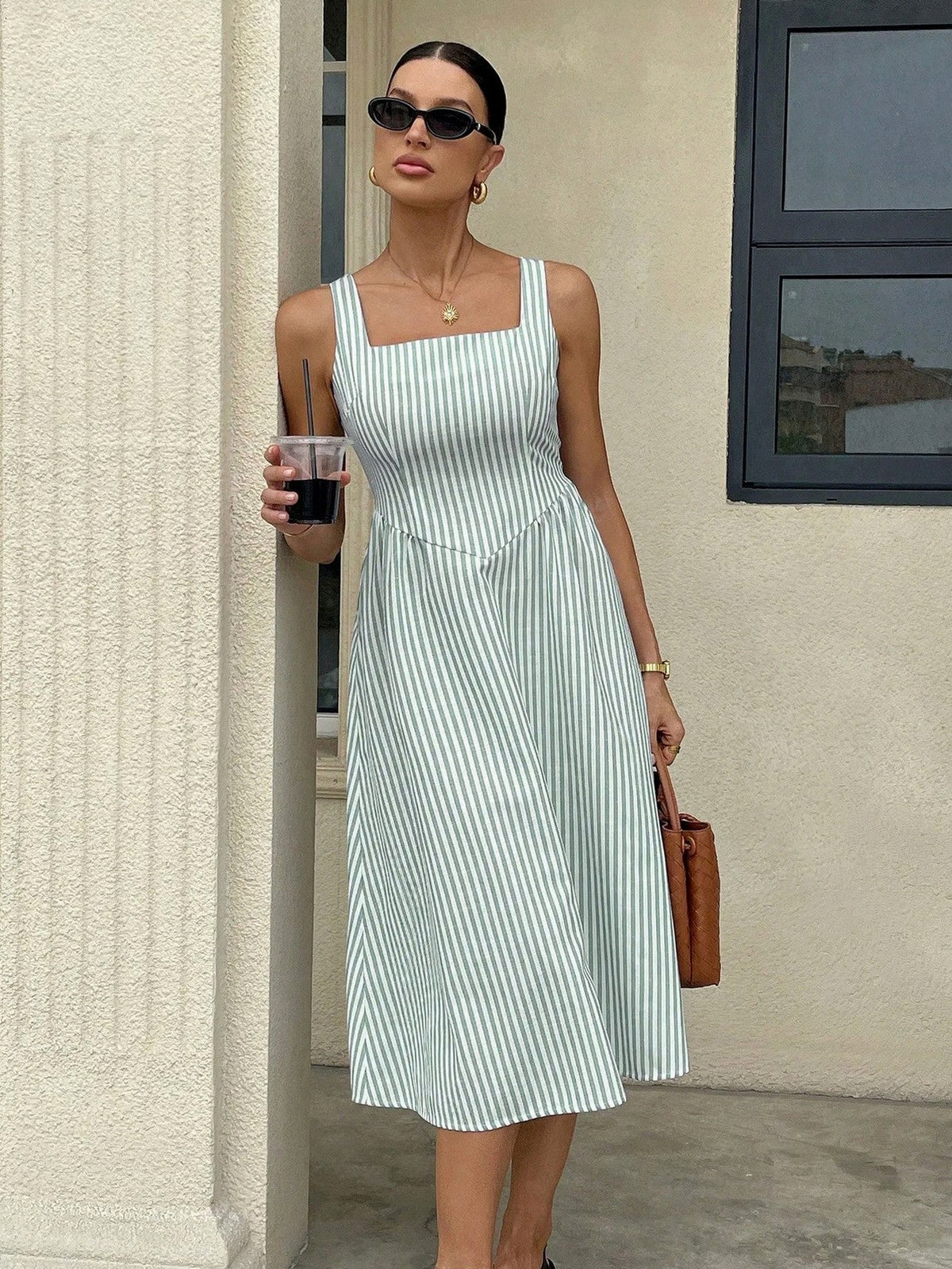 Striped Square Neck Midi Dress