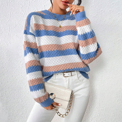 Blue - Women's relaxed fit crew neck knit sweater featuring a textured open stitch and horizontal stripes.