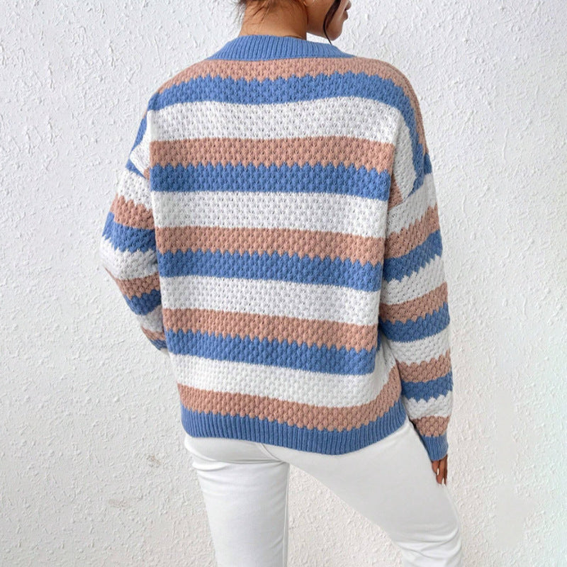 Blue - Women's relaxed fit crew neck knit sweater featuring a textured open stitch and horizontal stripes.
