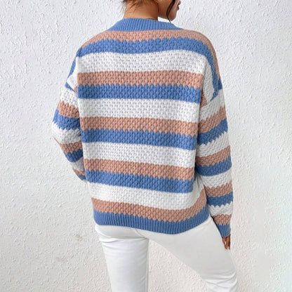 Blue - Women's relaxed fit crew neck knit sweater featuring a textured open stitch and horizontal stripes.