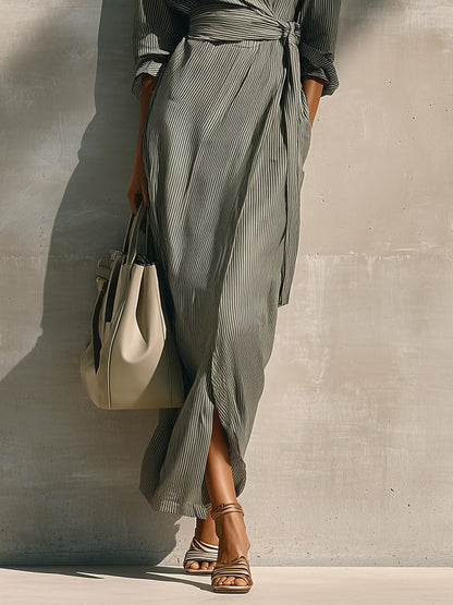 Striped Long Sleeve Tie Waist Wrap Maxi Dress