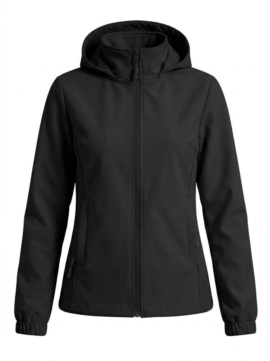 Black - A woman wearing a cream-coloured structured hooded jacket with a contrast black front zipper, elasticised cuffs, and side pockets, paired with black pants.