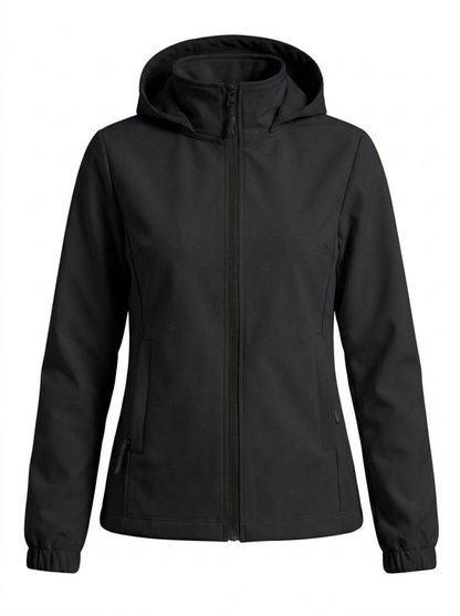 Black - A woman wearing a cream-coloured structured hooded jacket with a contrast black front zipper, elasticised cuffs, and side pockets, paired with black pants.